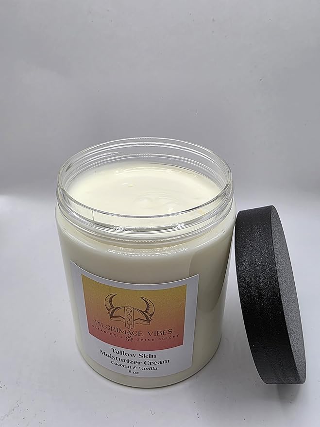 Tallow Skin Moisturizer Cream with Nourishing Oils Handmade Grass Fed Beef Tallow Cream 8oz (Coconut & Vanilla Scent)