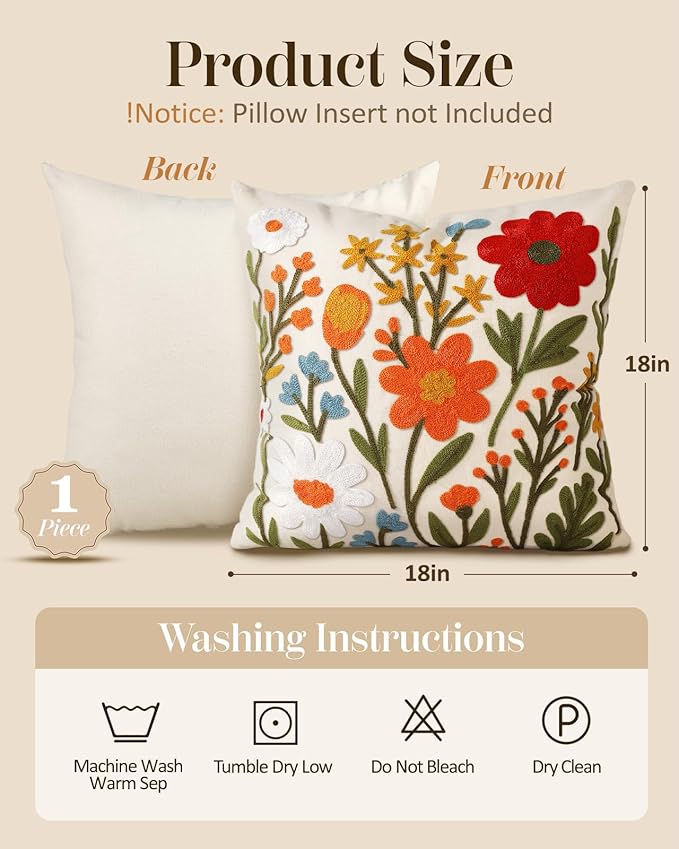 Embroidered Throw Pillow Cover 18x18 Inch, Flower Cluster | Decorative Pillow Cover, Floral Farmhouse Cushion Case with Hidden Zipper, Home Decor for Couch, Sofa, Living Room, Bedroom