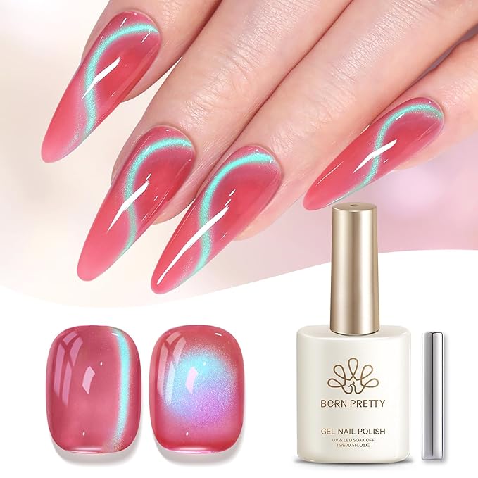 Born Pretty Spring Summer Cat Magnetic Eye Gel Polish,2026 Fruit Pink Green Holographic Glitter Shimmer Translucent Sheer Magnetic Gel Polish Salon DIY at Home