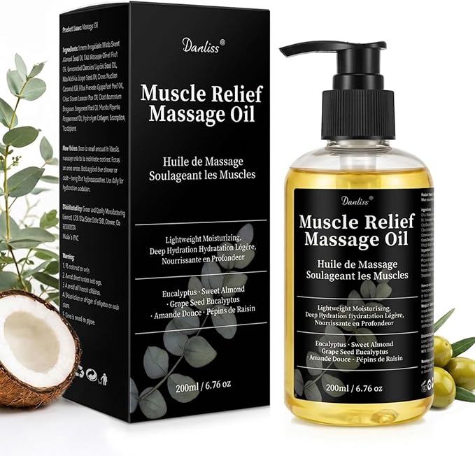 Massage Oil for Body Muscle Recovery & Fatigue Relief with Eucalyptus, Coconut & Sweet Almond Oil Collagen-Infused Refreshing Aromatherapy & Moisturizing Body Oil for Women and Men 6.76 FL OZ / 200 mL