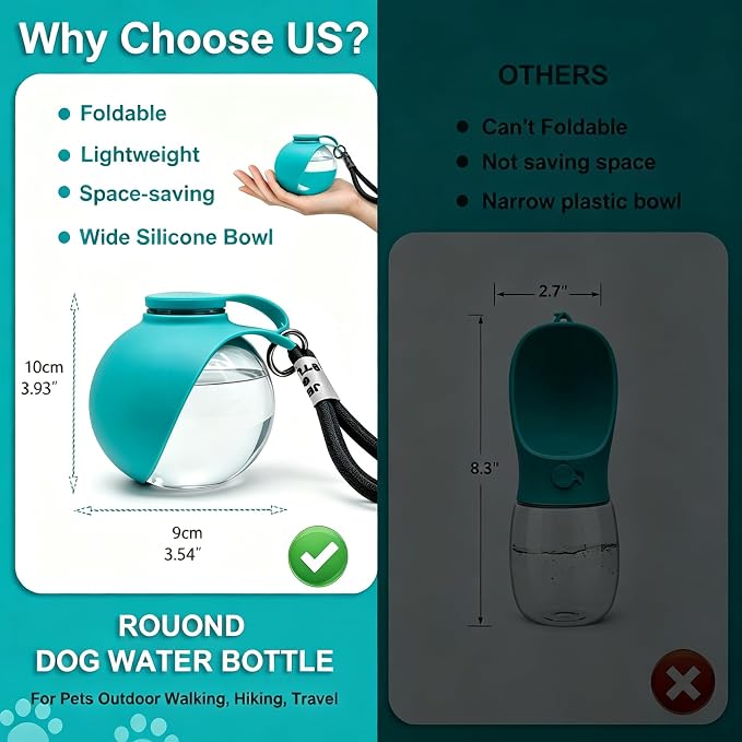 Dog Water Bottle Portable, 2in1 Round Dog Water Bowl PET 10oz