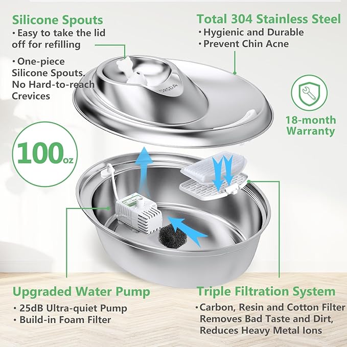 ORSDA Cat Water Fountain Stainless Steel, 3L Automatic Pet Drinking Fountain for Cats Inside, Dog Water Dispenser with Adjustable Water Flow and 6 Replacement Filters for Cats, Dogs (D60)