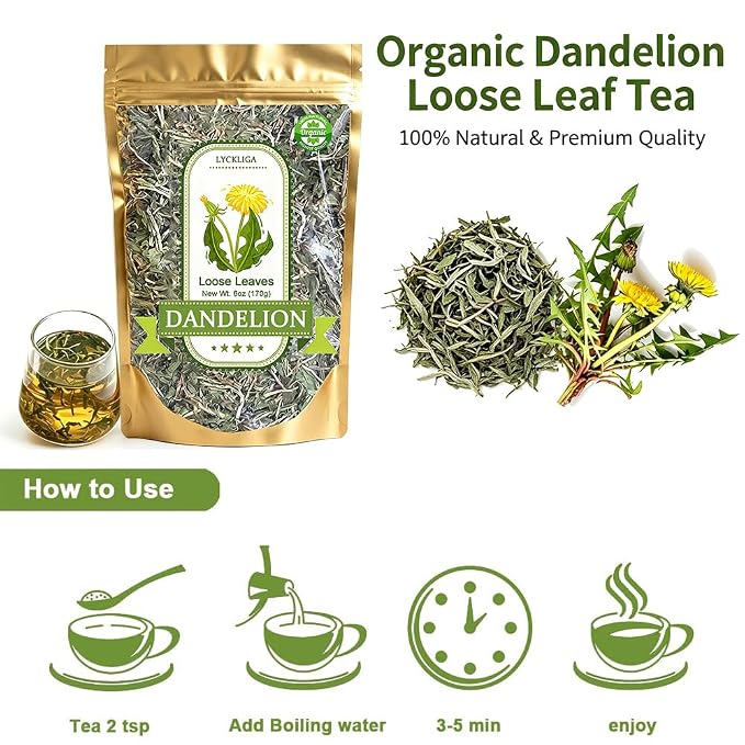 Organic Dandelion Root Loose Leaf Tea 6 oz (170g) – Diente de Leon Natural Herbal Tea for Kidney & Liver Support, Digestive Aid, Raw, Caffeine-Free