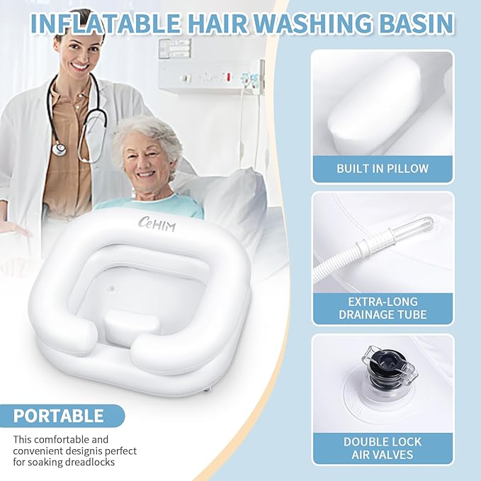 Inflatable Shampoo Basin - Portable Shampoo Bowl, Hair Washing Basin for Bedridden, Disabled,Injured, Hair Wash Tub for Dreadlocks and at Home Sink Washing (White)