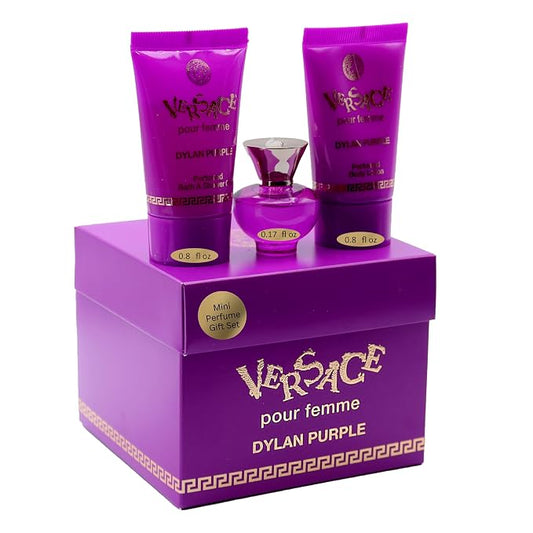 Versace Dylan Purple for Women 3 Piece Set Includes: 0.17 oz Eau de Parfum + 0.8 oz Perfumed Bath Shower Gel + 0.8 oz Perfumed Body Lotion