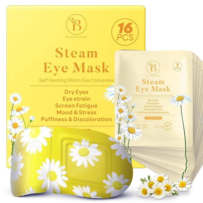 16 Pack Chamomile Steam Eye Mask for Dryness, Puffiness, Strain & Relaxation, Heated Eye Mask for Sleep & Travel, Self-Heating & Disposable Warm Compress, Travel Essentials, Relaxation Gifts for Women