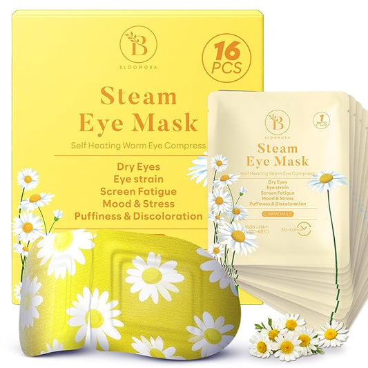 16 Pack Chamomile Steam Eye Mask for Dryness, Puffiness, Strain & Relaxation, Heated Eye Mask for Sleep & Travel, Self-Heating & Disposable Warm Compress, Travel Essentials, Relaxation Gifts for Women
