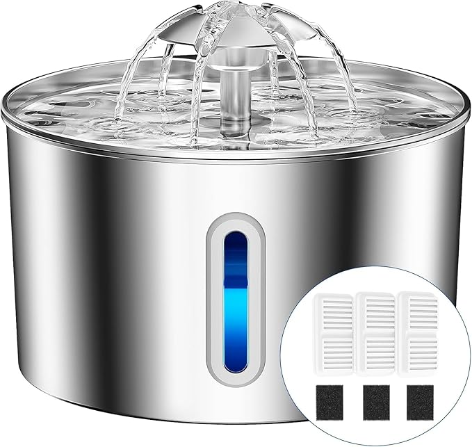 Cat Water Fountain Stainless Steel - 74oz/2.2L Automatic Large Pet Watering Bowl Dispenser for Indoor Dogs - Drinking Fountains with 3 Filter, Gifts for Cats and Kitty - Dog Waterer Bowls No Spill