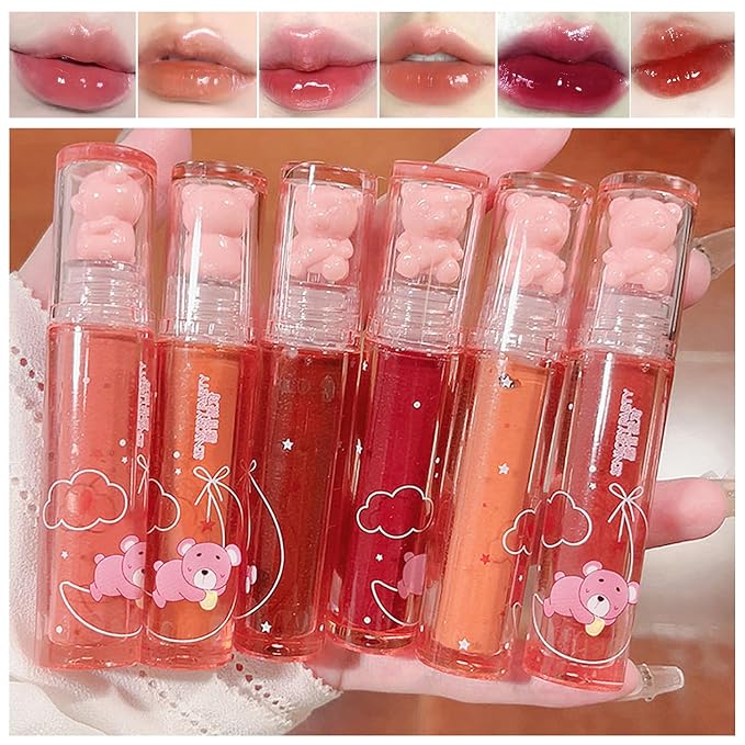 6 Colors Bear Lip Gloss,Jelly Lip Glaze,Cute Liquid Lipstick Bear Lip Stain Watery Lipgloss Plumping Lip Tint Moisturizing Waterproof Long Lasting for Lip and Cheek
