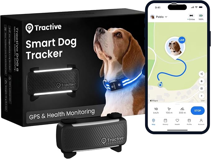 Tractive Smart Dog GPS Collar | Live Pet Tracker with Virtual Fence | Vital Signs Monitoring of Heart & Respiratory Rate | Bark Monitoring | LED Dog Collar (Blue, Large)