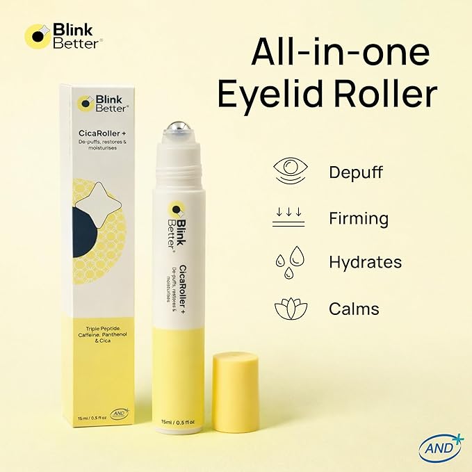 BlinkBetter CicaRoller+ Cooling Eye Roller Serum for Eyelids and Under Eyes – Refreshes, Revitalizes, Smooths & Hydrates Tired Eyes with 2.5% Caffeine, Peptides, Cica & Panthenol, 15 ml