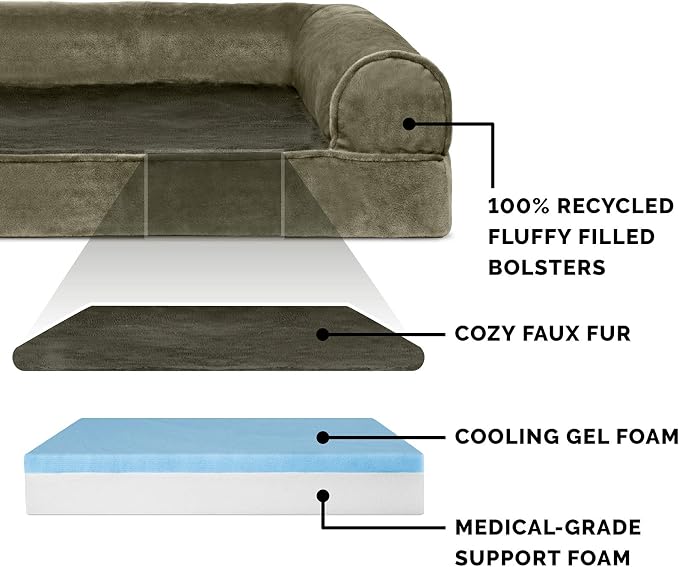 Furhaven Cooling Gel Dog Bed for Large Dogs w/ Removable Bolsters & Washable Cover, For Dogs Up to 125 lbs - Faux Fur & Velvet Sofa - Dark Sage, Jumbo Plus/XXL