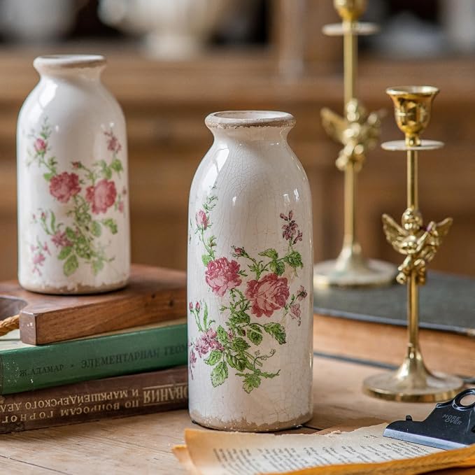 Teweiqi Ceramic Rustic Farmhouse Vase, Distressed Floral Pattern, Holds Water, With Handle, 7.8 inches