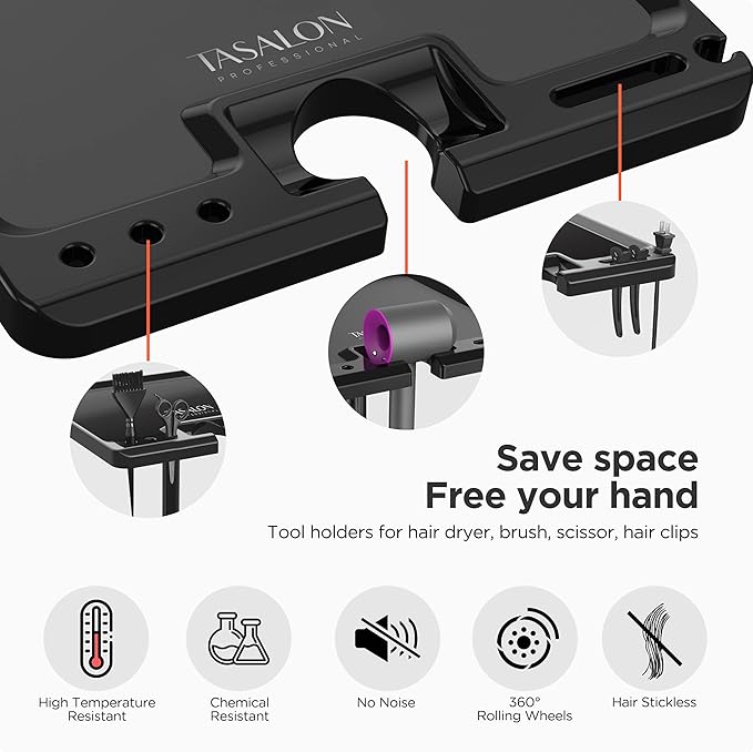 TASALON Ultimate Salon Tray on Wheels,Tray Cart with 2 Magnetic Bowls Irony Tattoo Table Station Rolling Tray with Hair Stickless Wheels,Chemical-Resistant Hair Stylist Instrument Tray,Tray for Dyson