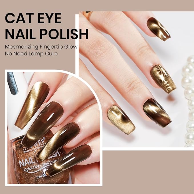 Brown Cat Eye Nail Polish Non Gel, Quick Dry Magnetic Nail Polish with Magnet Cateye Fingernail Lacquer Air Fast Drying Manicure Gift For Women Girls 16ml/0.54 oz