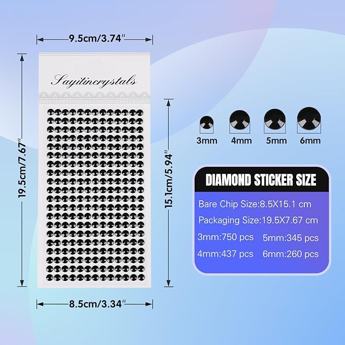 8 Sheets Rhinestone Stickers，3584 Pcs Gem Stickers for DIY Face Eyes Makeup Hair（Black-3/4/5/6mm）