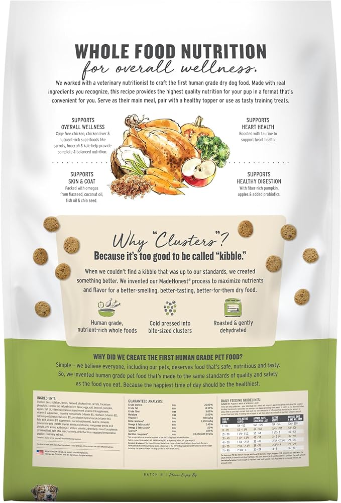 The Honest Kitchen Grain Free Chicken & Superfoods Whole Food Clusters, Human Grade Dry Dog Food, Vet-Crafted Nutritional Support for Skin, Coat, Digestion & Overall Wellness, 20 lb Bag