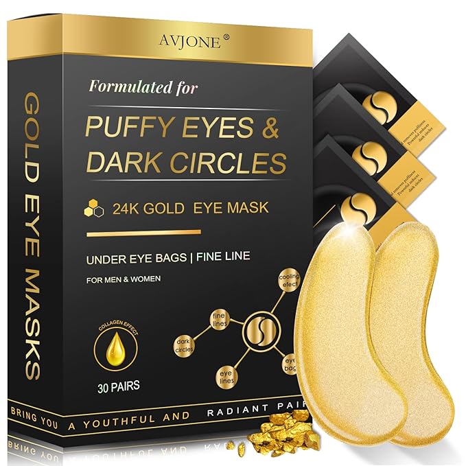 AVJONE 24K Gold Under Eye Patches, Collagen Eye Masks for Dark Circles and Puffiness, Eye Patches for Women Puffy Eyes, Revitalizes and Refreshes Your Skin - 30 Pairs