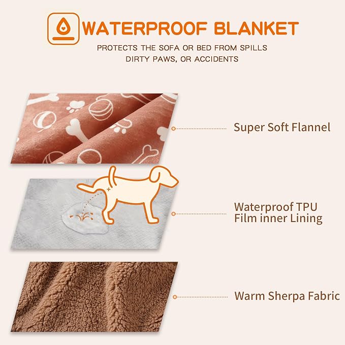 Washable Waterproof Dog Blankets for Large Dogs 50"x60" | Soft Fluffy Pet Blanket for Couch Sofa Car Crate, Bed Furniture Protector, Reversible Sherpa Fleece Dog Blanket, Light Brown