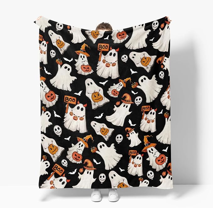 Horaldaily Halloween Black Ghost Pumpkin Skulls Flannel Throw Blanket 60x80 | All Season Using Ultra Soft Fuzzy Plush Cozy Non-shedding Blanket for Couch Sofa Bed Camping, Ideal Gift for Kids Adults