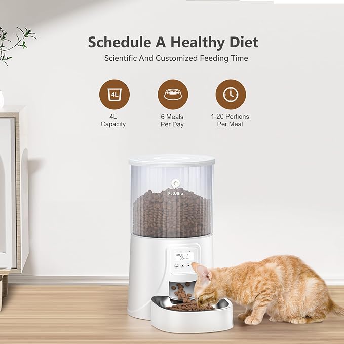 Automatic Cat Feeder: 4L Timed Cats Food Dispenser Programmable | Easy to Set, Dual Power, Precise Portion, Auto Pet Feeder with Stainless Steel, Detachable Washable for Cats and Small Dog