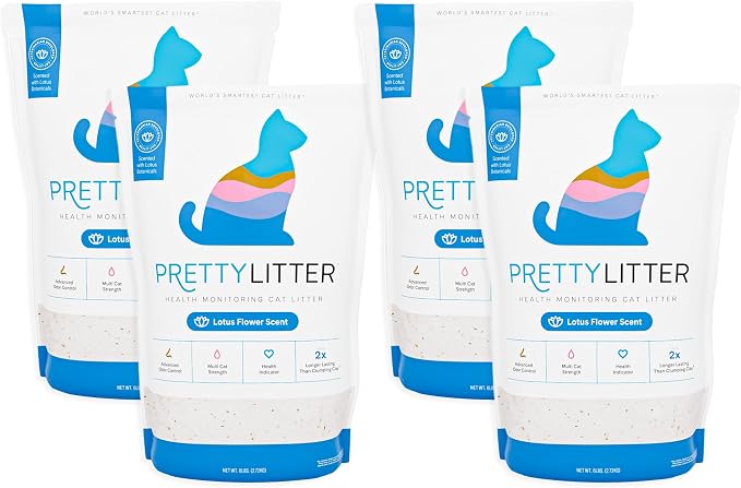 PrettyLitter Health Monitoring Cat Litter, Lotus Flower, 4-Pack, 6 lb. Bags | Up to 4 Months Supply, Non-Clumping, Advanced Odor Control, Automatic Litter Box Compatible, Color Changing Silica Crystals