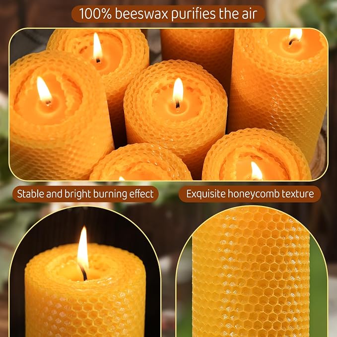 8 Pack Beeswax Piilar Candles, 360 Hours Handmade Beeswax Pillar Candles Handcrafted Honeycomb Bees Wax Candle for Home, Prayer, Unscented Candles (2.8x6 in)
