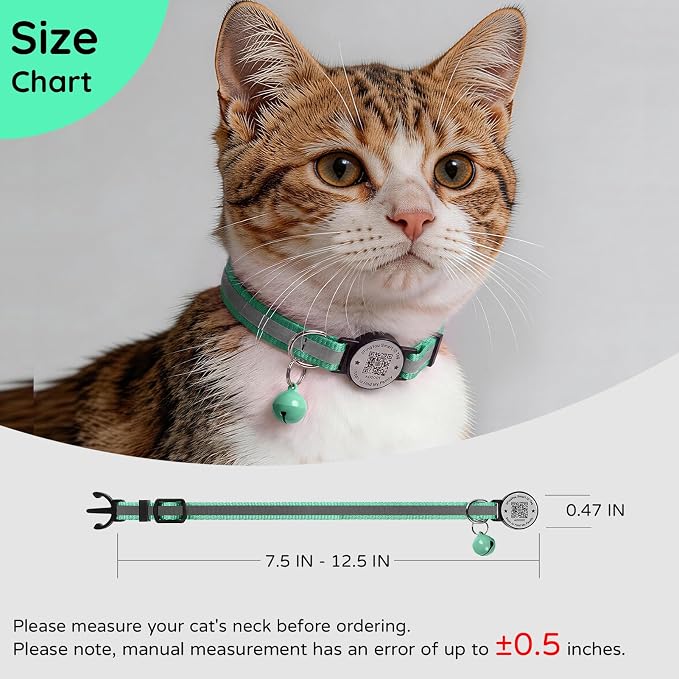 Breakaway Cat Collar QR Code, Reflective Bell, Adjustable Kitten, Teal