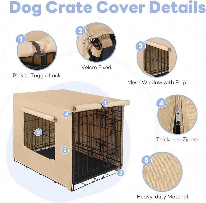 Seiyierr Dog Crate Cover - Kennel Cover Fit for 48 Inch Dog Crate, Double Door Polyester Crate Cover for Wire Dog Crate Indoor Outdoor Protection, Light Tan