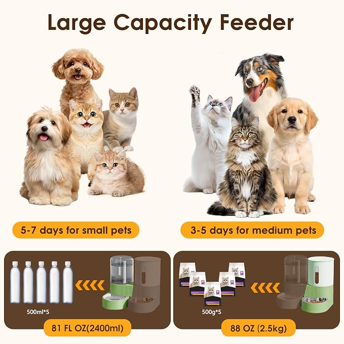 2 in 1 Automatic Gravity Cat Dog Feeder and Water Dispenser with 304 Stainless Steel Bowls, 360 Degree Rotatable Auto Food with 2 Specialized Brushes for Small Medium Pet Dog Puppy Kitten (Green)