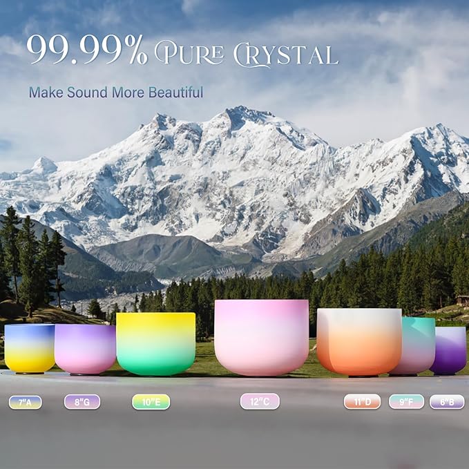 440HZ 6"-12" Set of 7 PCS Frosted Quartz Color Crystal Singing Bowl Set Sound Healing with Sound Bowl Mallet Suede Stick Heavy Duty Carry Cases