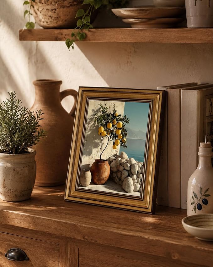 Gold Framed Wall Art, Vintage Mediterranean Lemon Tree Canvas Prints, Coastal Summer Picture Wall Decor, Rustic Italian Landscape Artwork for Kitchen, Living Room, Dining Room 12x16 inch