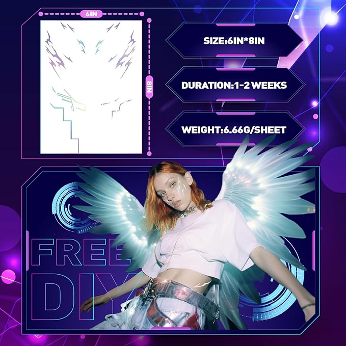 Iridescent Metallic Kpop Temporary Tattoos Adults, Waterproof Gothic Party Favors for Halloween Birthday Christmas Gifts, Cosplay Body Face Tattoo Stickers Costume Accessories Set