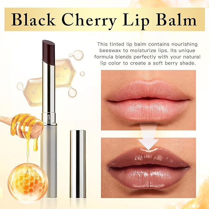 Sheer Black Cherry Lipstick & Mascara Set – Hydrating Tinted Lip Balm & Volumizing Black Eyelash Makeup Kit – Natural Berry Shade for All Skin Tones