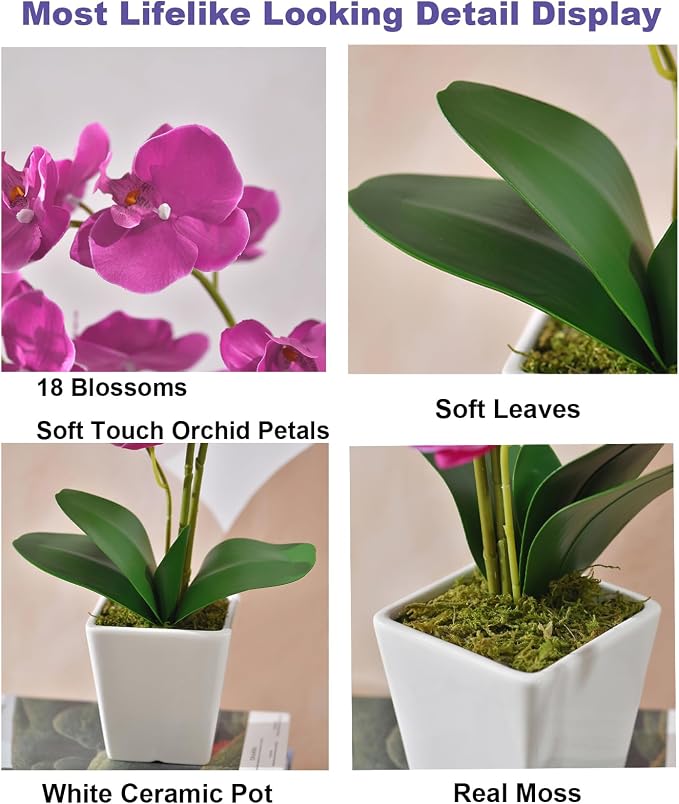 22" Fuchsia Faux Orchid in Ceramic Vase for Table Décor | Real Look Potted Phalaenopsis, Ideal Centerpiece for Home, Office, or Indoor Display, Lifelike Silk Flowers, No Maintenance