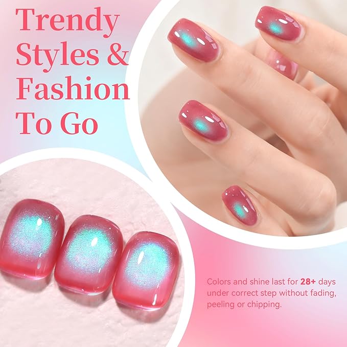 Born Pretty Spring Summer Cat Magnetic Eye Gel Polish,2026 Fruit Pink Green Holographic Glitter Shimmer Translucent Sheer Magnetic Gel Polish Salon DIY at Home