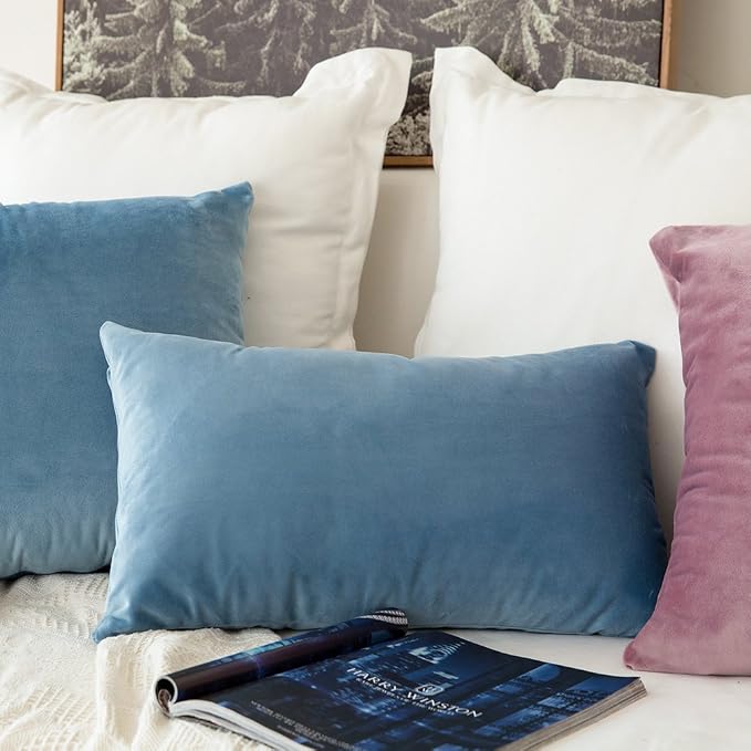 MIULEE 12x20 Inch Lumbar Velvet Throw Pillow Covers Blue Gray | Pack of 2 Soft Solid Decorative Pillow Covers, Modern Luxury Home Decor, for Chair Couch Sofa Bedroom Livingroom