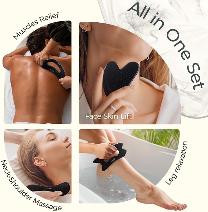 Scienlodic 4 Pcs Gua Sha Massage Tools for Face & Body (Black Gold, Resin) - Guasha Scraping Tool for Jawline Contouring, Puffiness Reduction, Neck, Back, Legs & Muscle Relaxation