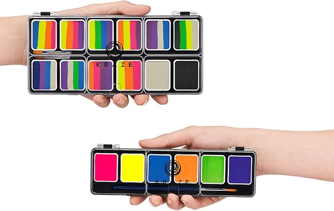 Kraze FX Neon Face & Body Paint Palette Set - Neon Pop 12 Split Cake Palette & 6 Neon Palette, Value Pack of Solid Neon Colors & Fun Neon Split Cakes with Brushes, Professional UV Painting Starter Kit