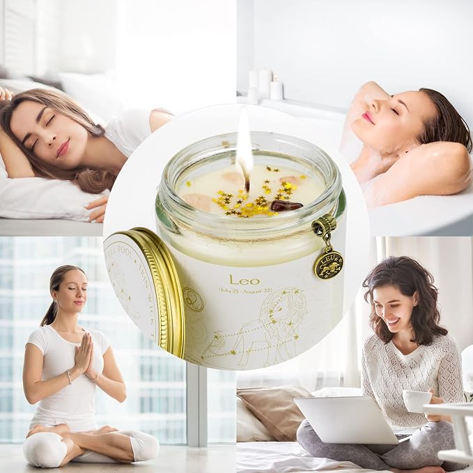 Leo Zodiac Crystal Candles - Astrology Gifts for Women, Scented Candle Jar for Birthday or Sister Zodiac Gift