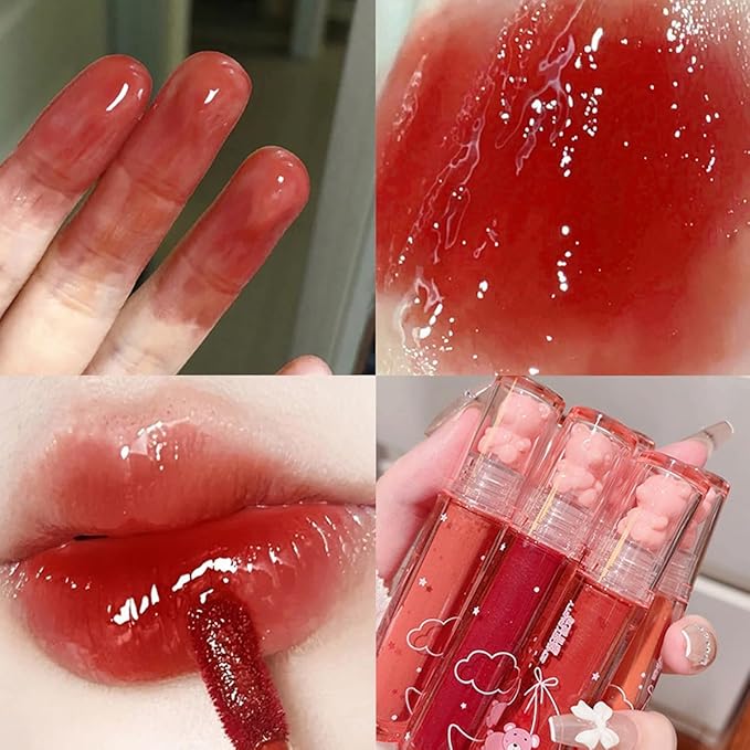6 Colors Bear Lip Gloss,Jelly Lip Glaze,Cute Liquid Lipstick Bear Lip Stain Watery Lipgloss Plumping Lip Tint Moisturizing Waterproof Long Lasting for Lip and Cheek