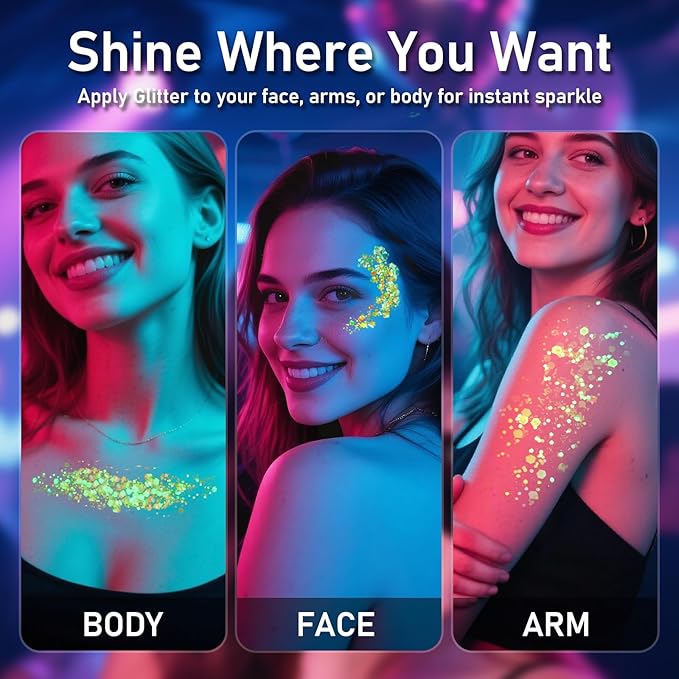 12 Colors Glow Body Glitter Gel, Glow in The Dark Hair Face Glitter Gel, Rave Accessories for Festivals Carnival UV Black Light Party