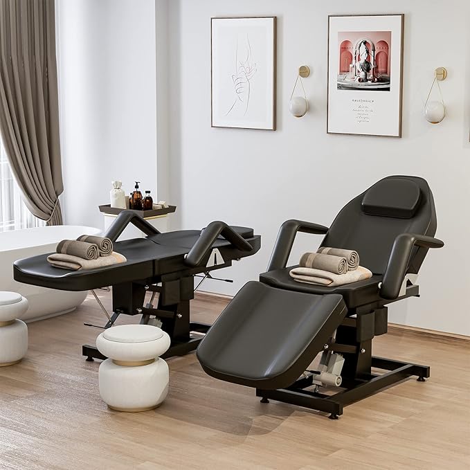 SyyBhb Electric Height Adjustable Esthetician Chair Facial Bed, 3-Section Folding Lift Tattoo Chair Bed Massage Table for Spa, Lash Extension, Microblading, Wax, Medical Treatment, Black