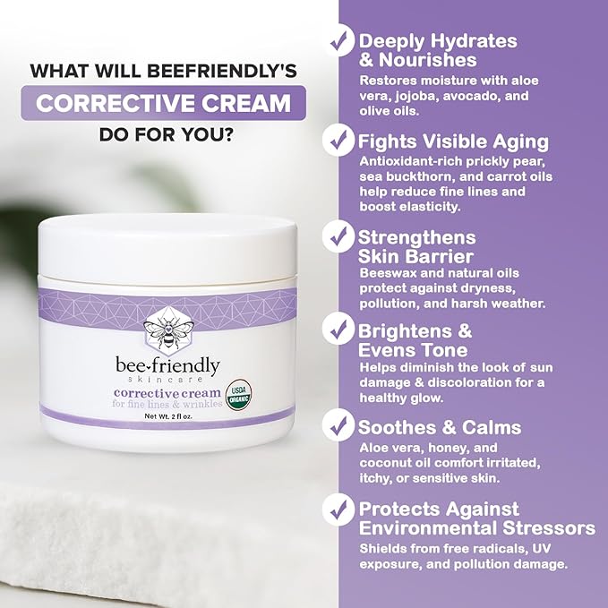 BeeFriendly Organic Corrective Cream, USDA Certified Face Moisturizer Rich Revitalizing Night Cream For Sensitive Skin Aids With Fine Lines, Wrinkles, Crows Feet, Eyes, Face, Neck 4 oz (2 Jars in box)
