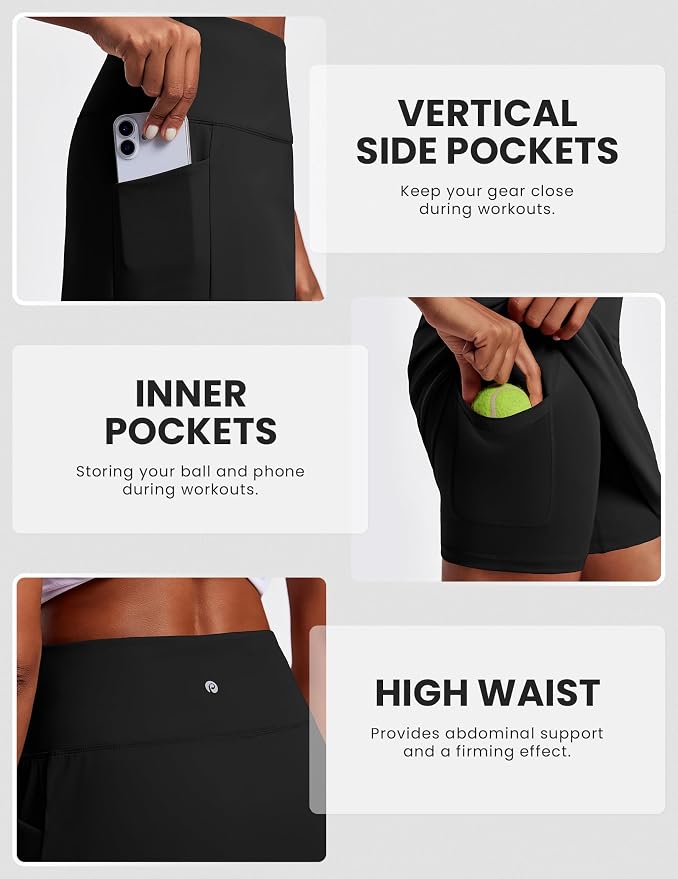 PINSPARK 19" Knee Length Skorts for Woman with Pockets UPF 50+ Golf Skirts | 4 Pockets, Built-in Shorts, High Waisted & Tummy Control, Moisture-wicking for Golf Athletic Tennis Workout Casual