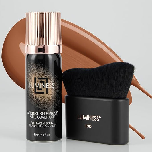 LUMINESS Airbrush Body Coverage with Self Tanner Brush - Tattoo Cover Up Makeup - Full Coverage Foundation for Face & Body - Water-Resistant, Long-Wear, Natural Radiant Finish, Light Deep