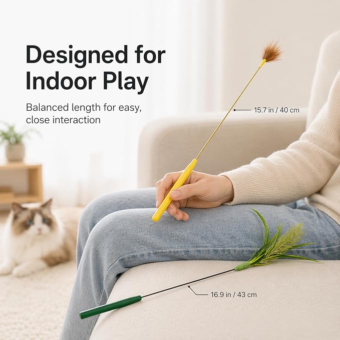 Mini Cat Wand Toy Set - Fast Motion Interactive Cat Teaser, Small Feather & Flowing Feather Tips, Flexible Wire Wand for Indoor Cats, Close-Range Play, 2 Pack