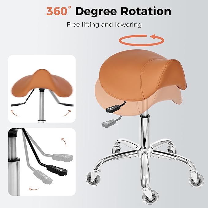 BEWISHOME Rolling Saddle Stool,Height Adjustable Saddle Stool with Wheels,Ergonomic- Comfortable 360 Swivel PU Leather Saddle Chair Seat for Salon, Massage, Clinic, Lab, Office (Camel) BMD01Z