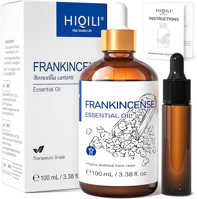 HIQILI Frankincense Essential Oil for Skin Care, Muscle & Knee Massage | Diffuser for Aromatherapy, Mix with Face Cream to Boosts Face Texture, Creating a Peaceful Atmosphere - 100mL / 3.38 fl oz