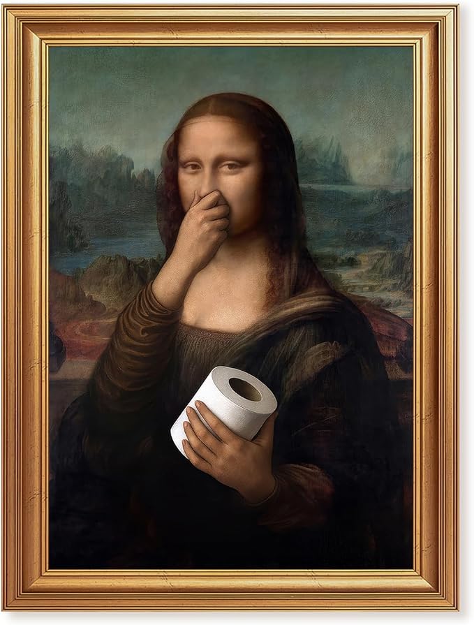 ICHZUMW Gold Framed Funny Mona Lisa Toilet Paper Canvas Wall Art, 12x16 In | Quirky Humorous Parody Painting Bathroom Wall Decor, Restroom Powder Room Guest Toilet, Fade Resistant, Ready to Hang